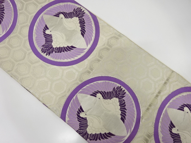 JAPANESE KIMONO / ANTIQUE FUKURO OBI / SILK / WOVEN ROUNDEL WITH CRANE